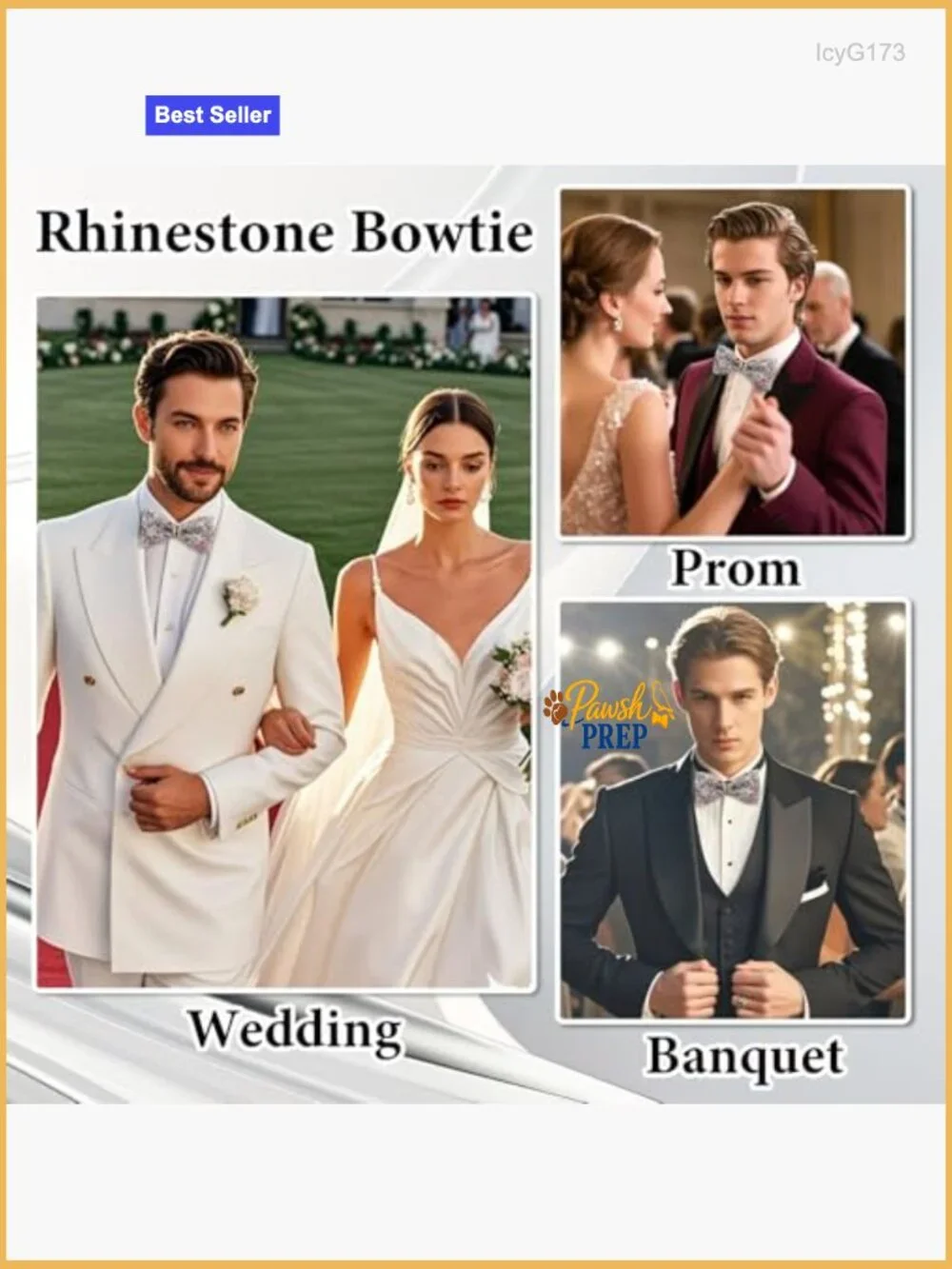 Rhinestone Sparkle Bow Tie for Men, Adjustable Pre-tied Wedding Party Prom